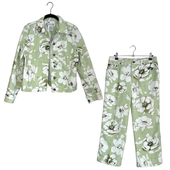 Jones Wear Sport Light Green White Floral Denim Jacket Jeans Set S/8 - Picture 1 of 9